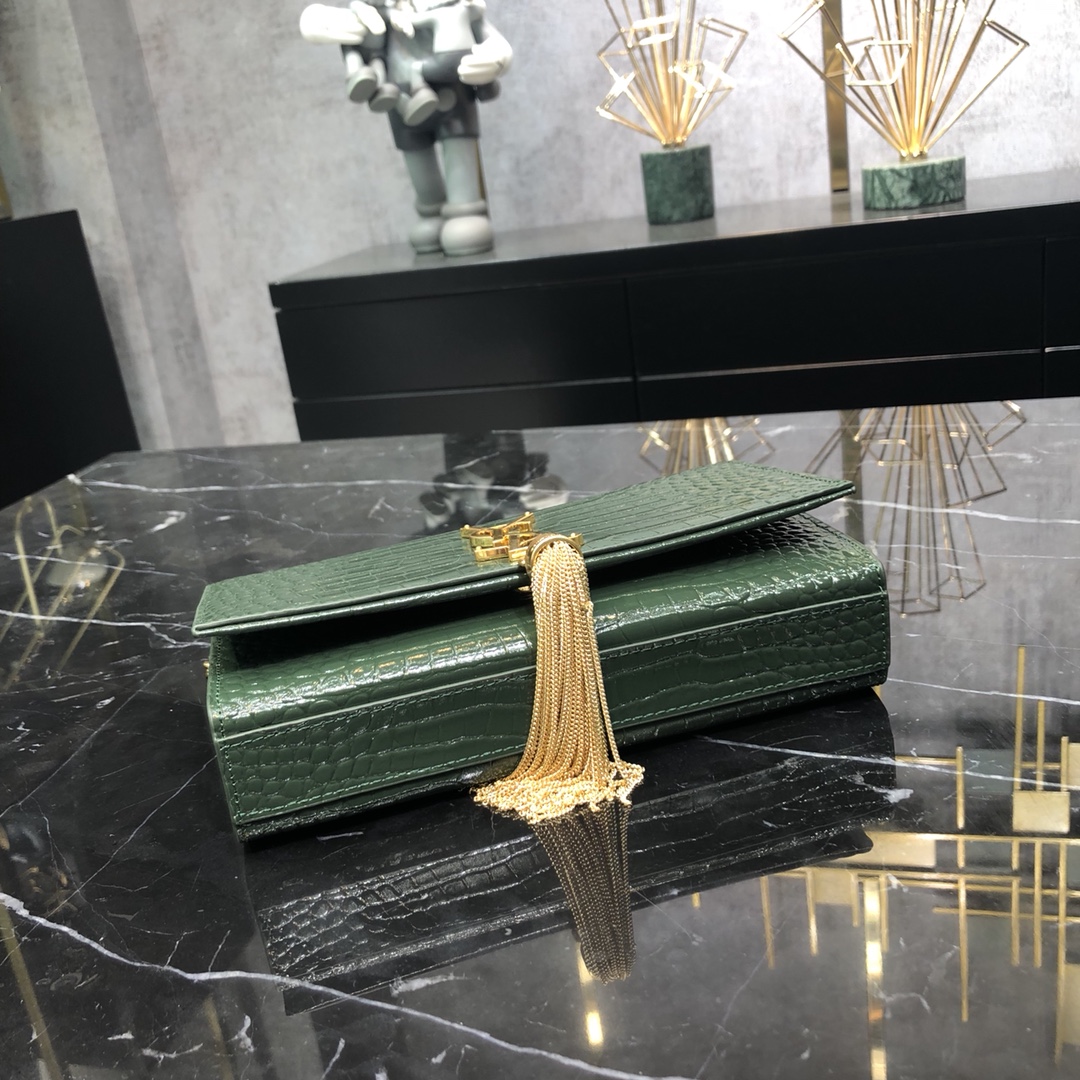 Saint Laurent Kate Tassel Small Crocodile Embossed Calfskin Shoulder Bag Handbag Army Green 474366 Gold